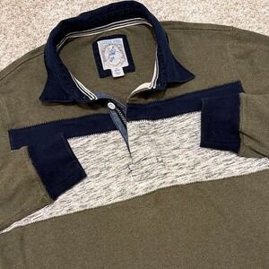 Y2K Vintage Lands' End Rugby Shirt | Olive Green / Navy / Heather Panel | M